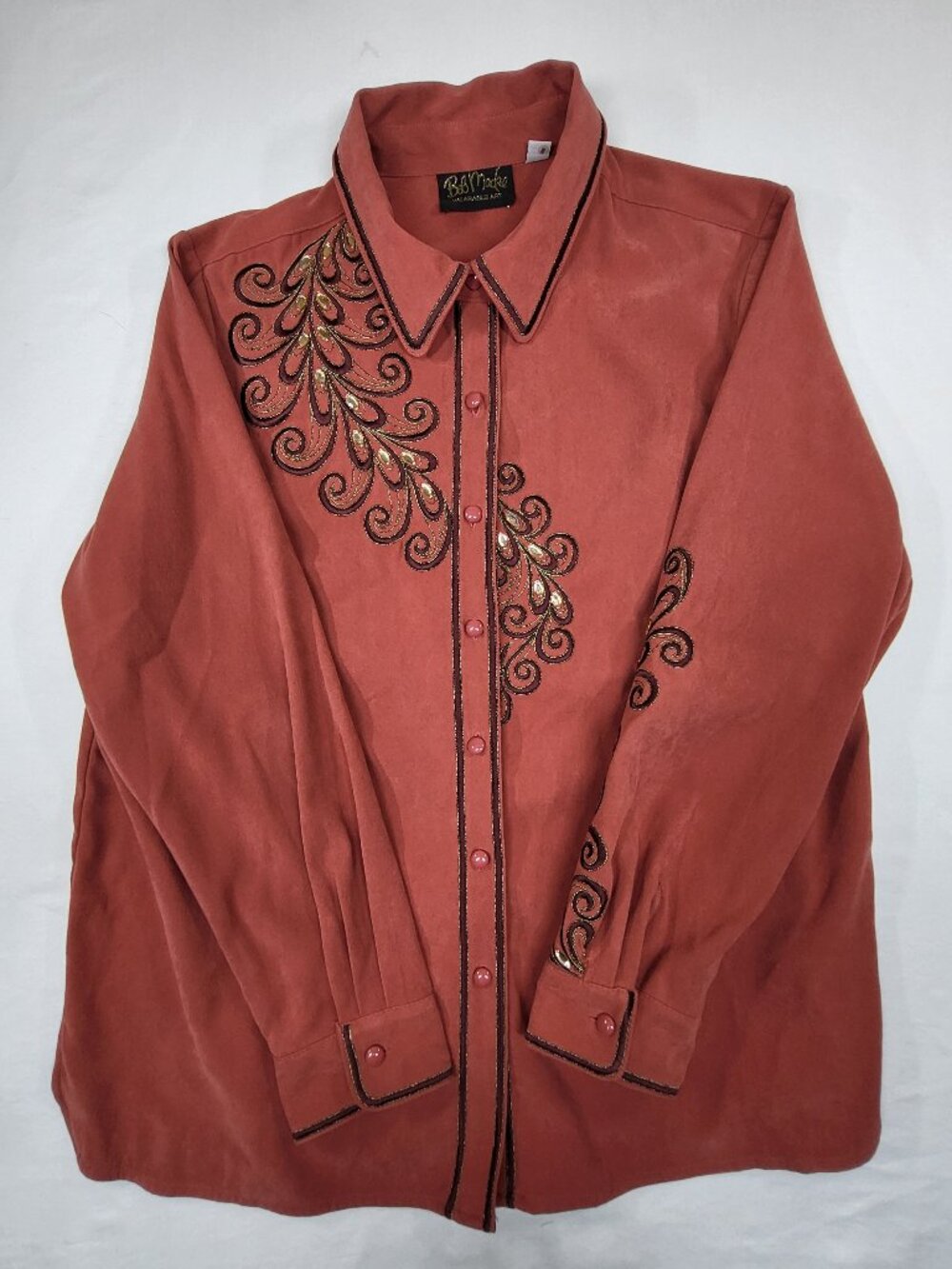 Bob Mackie Wearable Art Embroidered Faux Suede Button Down Shirt Terracotta Larg